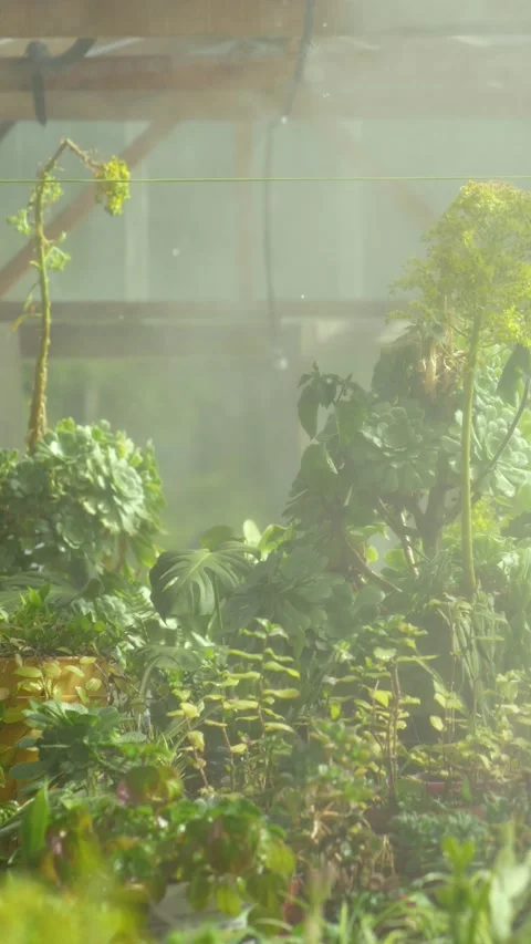 Irrigation system sprays a multitude of plants in a greenhouse Stock Footage 289744791