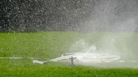Irrigation system water on a green grass field Stock Footage 84787622