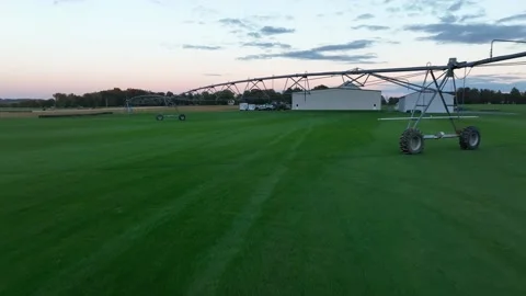 Irrigation system to water turf sod farm grass. Aerial view of green 動画素材 231744257