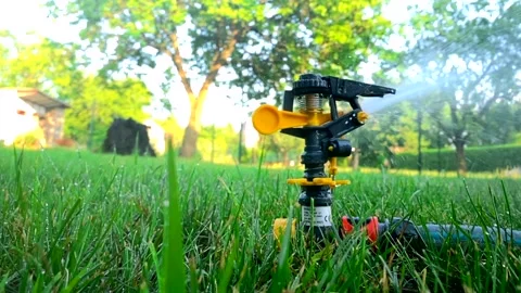 Irrigation system watering backyard during sunny dry days Stock Footage 199210016