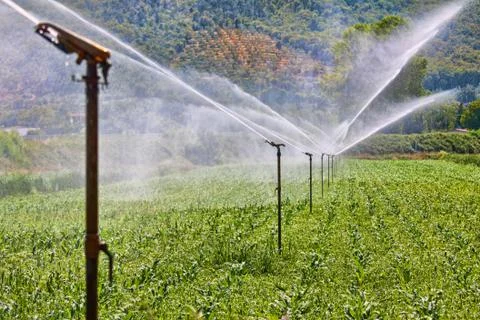 Irrigation system working on a farm Stock Photos