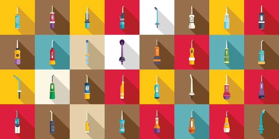 Irrigator teeth icons set flat vector. Water oral health 스톡 일러스트