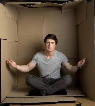 Irritated young man is gesticulating inside paper cabin Stock Photos