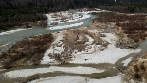 Isar, wild river near Munich and Wolfratshausen, Aerial drone 4k, driftwood Video stock 168644489