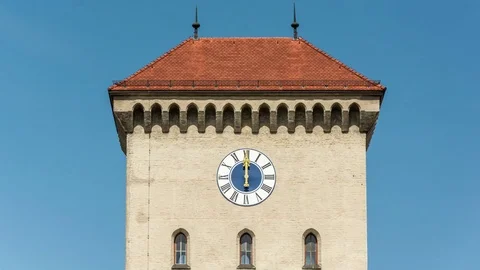 Isartor gate tower with clock, showing twelve o'clock. Munich, Germany Stock Footage 81192737