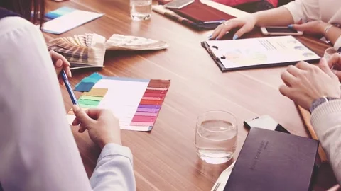 Iscussions design clothes, textiles, the choice of fabrics for sewing. Stock Footage 96985866