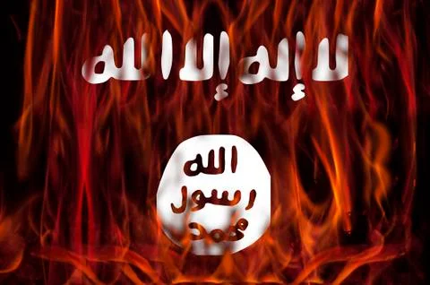 ISIS flag in flames Stock Photos