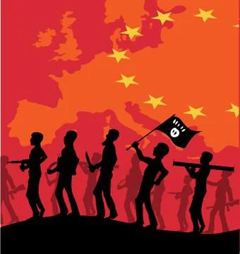 ISIS terrorist silhouette on european map Stock Illustration