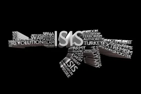 ISIS word cloud in a shape of Rifle Stock Illustration