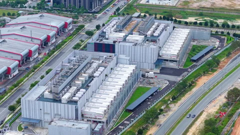 Iskandar Puteri Data Center Cooling Aerial - Malaysia Energy Efficiency 4K Stock Footage 341372910