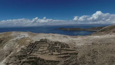 Isla Del Sol, Drone Clip, Inca Chincana Ruins on Lake Titicaca, Bolivia, HD Stock Footage 219368135