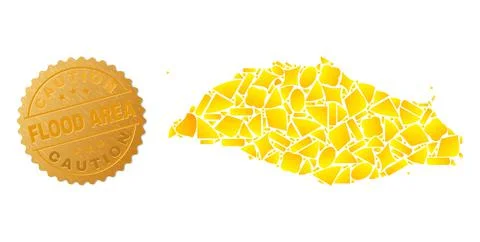 Isla La Tortuga Map Collage of Golden Parts and Metallic Caution Flood Area Illustrazione stock