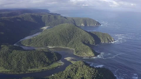 Isla Tortuga and pristine forest Pacific Coast in Caleta Condor, Chile aerial Stock Footage 209134491