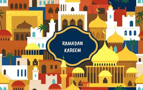 Islam Ramadan pattern. Eid Mubarak. Arabic buildings. Morocco houses exterior 스톡 일러스트