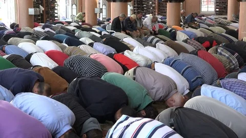 Islam religion in West Bank, Palestinian Muslims pray inside mosque Ramallah Stock Footage