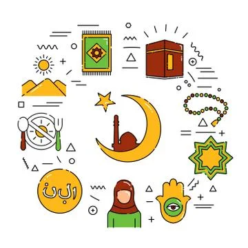 Islam web banner. Infographics with linear icons on white background. Creativ Stock Illustration