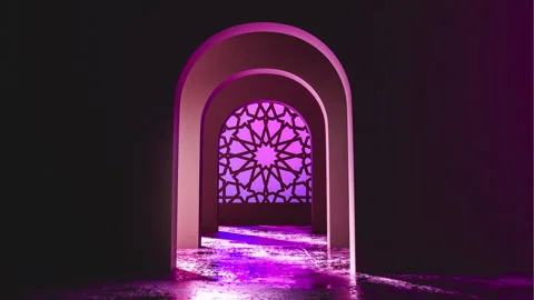 Islamic arch glowing purple in empty room Stock Footage 300556982