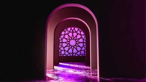 Islamic arch glowing purple in empty room. 3d render Illustrazione stock