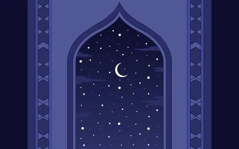 Islamic Arch Window with Crescent Moon and Stars in Night Sky for Ramadan a.. Illustrazione stock