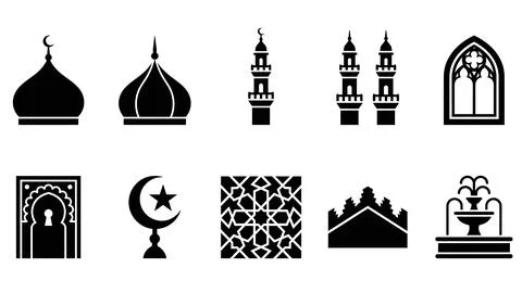 Islamic architecture and mosque building icon collection. Stock Illustration