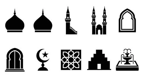 Islamic architecture icons set with mosque domes minarets and traditional m.. 库存插图