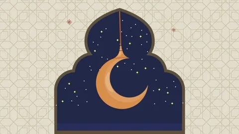 Islamic archway frames crescent moon and stars in animated night sky. Stock Footage 333306873