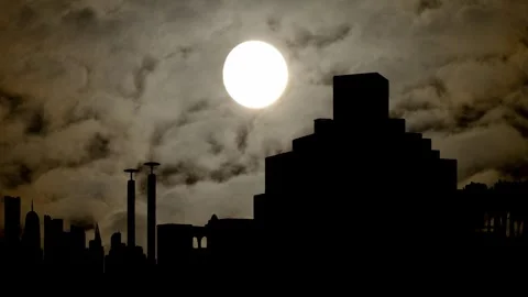 Islamic Art Museum By Night with Dark Atmosphere, Fog, Smoke, and Full Moon Stock Footage 276494634