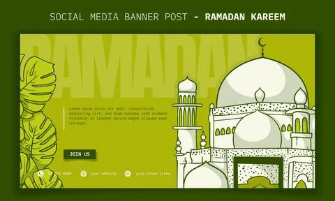 Islamic background design. Banner template in green background with mosque .. Stock Illustration