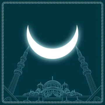 Islamic background. Drawing of a mosque with crescent moon. Stock Illustration
