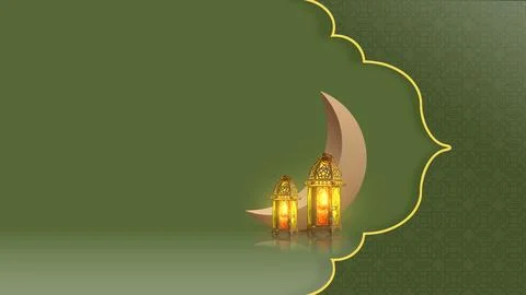 Islamic background featuring two glowing ornate lanterns and a crescent moo.. Stock Photos