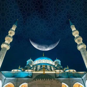 Islamic background image. Crescent moon and mosque with islamic pattern Stock Photos