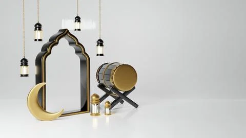 Islamic Background, Lantern, gold crescent moon on white. design concept of.. Stock Illustration