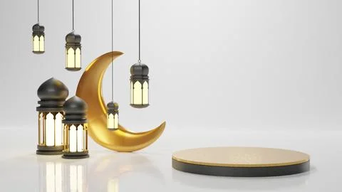 Islamic Background, Lantern, gold crescent moon on white. design concept of.. Stock Illustration