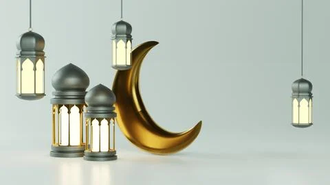 Islamic Background, Lantern, gold crescent moon on white. design concept of.. Stock Illustration