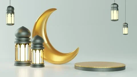 Islamic Background, Lantern, gold crescent moon on white. design concept of.. Stock Illustration