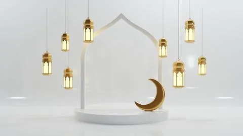 Islamic Background, Lantern, gold crescent moon on white. design concept of.. Stock Illustration