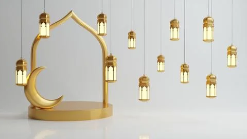 Islamic Background, Lantern, gold crescent moon on white. design concept of.. Stock Illustration