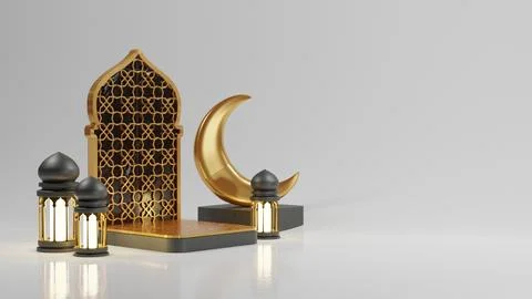 Islamic Background, Lantern, gold crescent moon on white. design concept of.. Stock Illustration