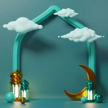 Islamic Background, Lantern, gold crescent moon on white. design concept of.. Stock Illustration