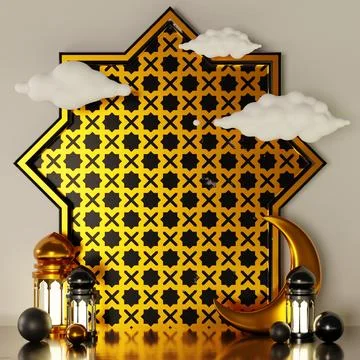 Islamic Background, Lantern, gold crescent moon on white. design concept of.. Stock Illustration