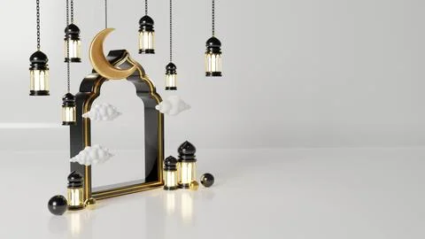 Islamic Background, Lantern, gold crescent moon on white. design concept of.. Stock Illustration