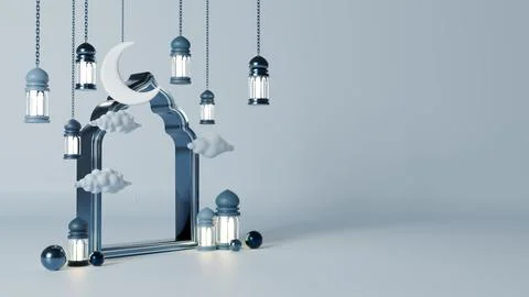 Islamic Background, Lantern, gold crescent moon on white. design concept of.. Stock Illustration