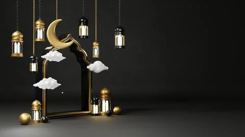 Islamic Background, Lantern, gold crescent moon on white. design concept of.. Stock Illustration