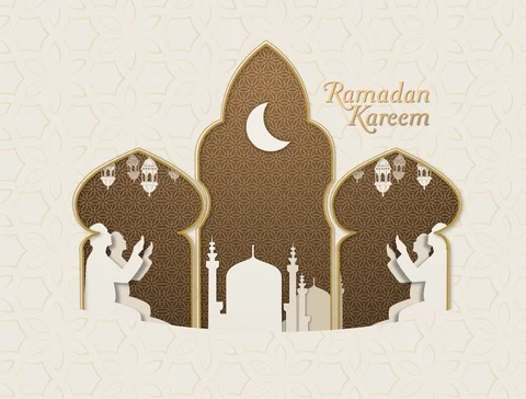 Islamic Background For Ramadan Kareem Concept Mosque, Praying Man With Moon. Stock Footage 129432593
