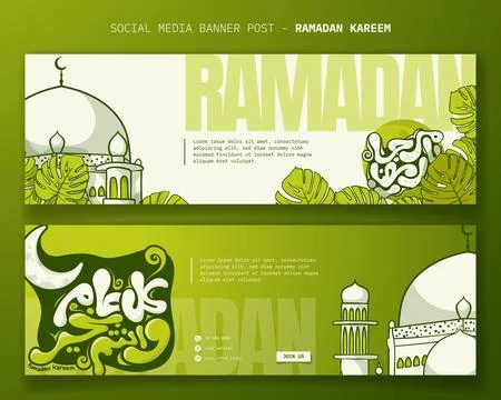 Islamic banner template with mosque and arabic typography in green background Stock Illustration