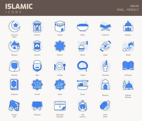 Islamic Blue Line Icon set, Islamic holiday symbols collection, vector illust Stock Illustration