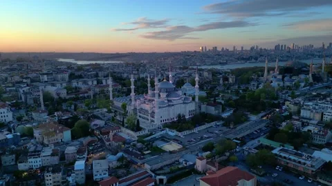 Islamic Blue Mosque and Bosphorus strait at sunset. Best aerial view drone Stock-Footage 344603299