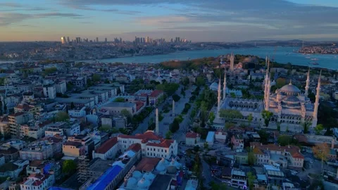 Islamic Blue Mosque and Bosphorus strait at sunset. Amazing aerial view drone Stock-Footage 344613579