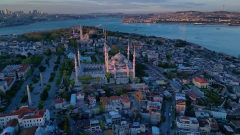 Islamic Blue Mosque and Bosphorus strait at sunset. Fantastic aerial view drone Stock-Footage 344614690