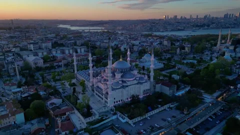 Islamic Blue Mosque and Bosphorus strait at sunset. Great aerial view drone Stock-Footage 344618190